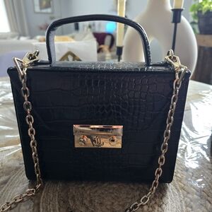 Jennifer Lopez Black Croc-Embossed Mini Bag with Gold Accents